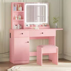 GustoWave Vanity Table Set with Illuminated Mirror, Storage Stool & Expandable Top - Makeup Dressing Desk with Cabinet & Shelves