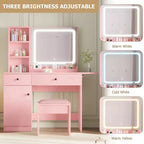 GustoWave Vanity Table Set with Illuminated Mirror, Storage Stool & Expandable Top - Makeup Dressing Desk with Cabinet & Shelves