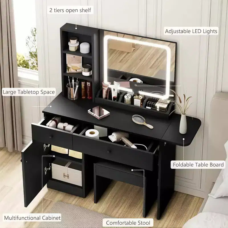 GustoWave Vanity Table Set with Illuminated Mirror, Storage Stool & Expandable Top - Makeup Dressing Desk with Cabinet & Shelves