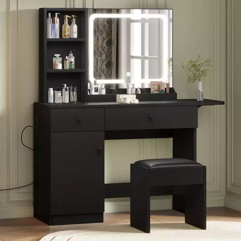 GustoWave Vanity Table Set with Illuminated Mirror, Storage Stool & Expandable Top - Makeup Dressing Desk with Cabinet & Shelves