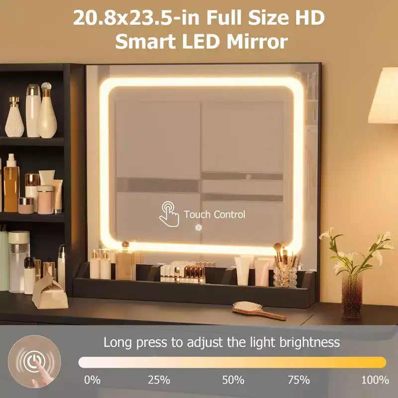GustoWave Vanity Table Set with Illuminated Mirror, Storage Stool & Expandable Top - Makeup Dressing Desk with Cabinet & Shelves