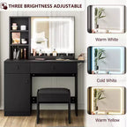 GustoWave Vanity Table Set with Illuminated Mirror, Storage Stool & Expandable Top - Makeup Dressing Desk with Cabinet & Shelves
