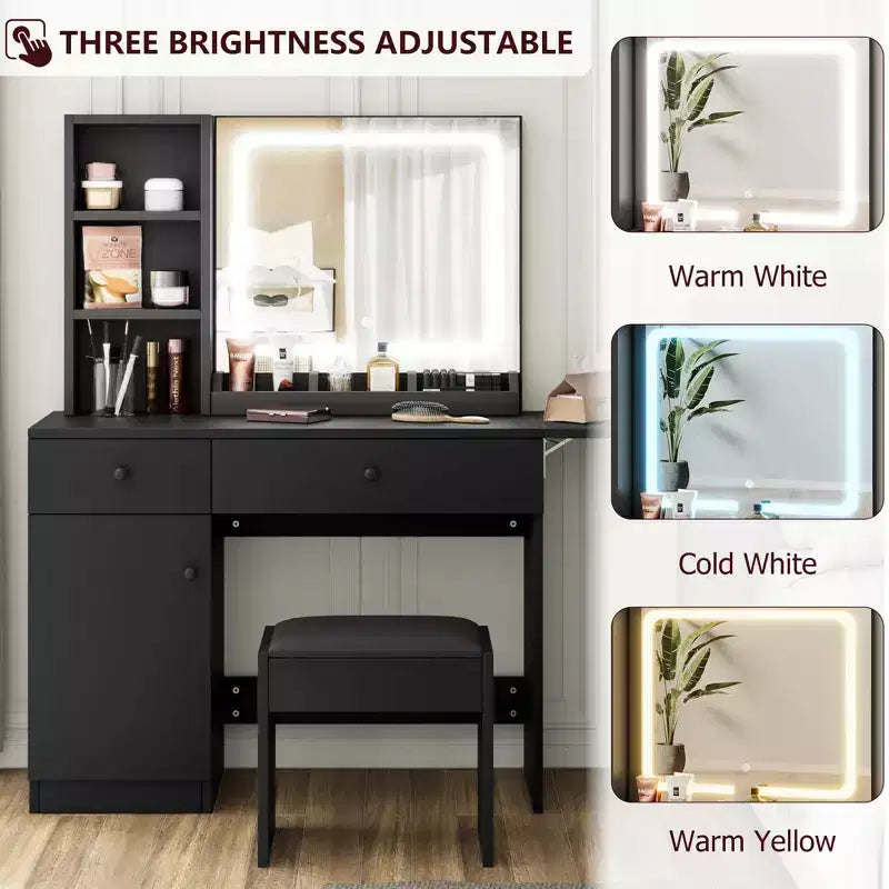 GustoWave Vanity Table Set with Illuminated Mirror, Storage Stool & Expandable Top - Makeup Dressing Desk with Cabinet & Shelves