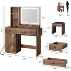 GustoWave Vanity Table Set with Illuminated Mirror, Storage Stool & Expandable Top - Makeup Dressing Desk with Cabinet & Shelves