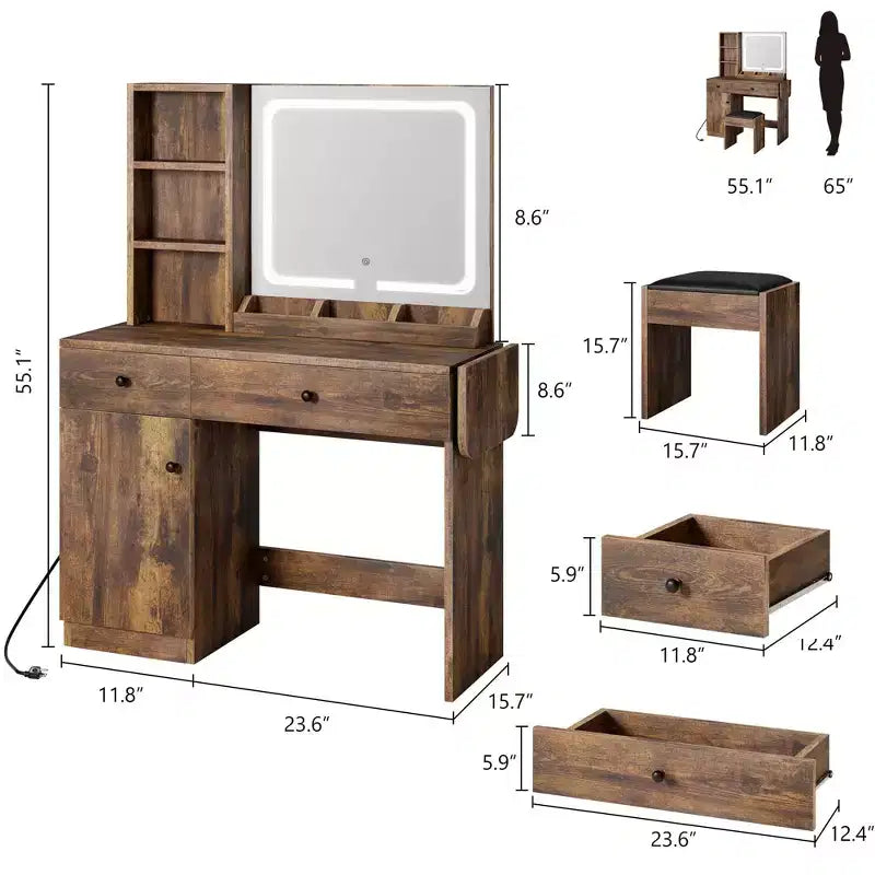 GustoWave Vanity Table Set with Illuminated Mirror, Storage Stool & Expandable Top - Makeup Dressing Desk with Cabinet & Shelves