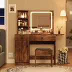 GustoWave Vanity Table Set with Illuminated Mirror, Storage Stool & Expandable Top - Makeup Dressing Desk with Cabinet & Shelves