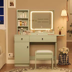 GustoWave Vanity Table Set with Illuminated Mirror, Storage Stool & Expandable Top - Makeup Dressing Desk with Cabinet & Shelves