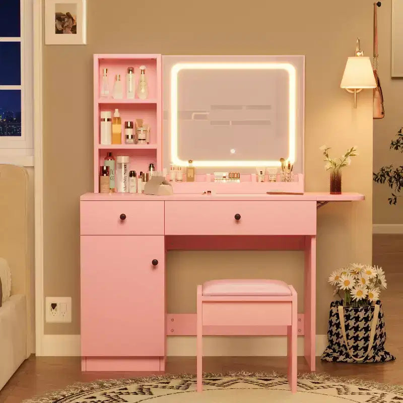 GustoWave Vanity Table Set with Illuminated Mirror, Storage Stool & Expandable Top - Makeup Dressing Desk with Cabinet & Shelves