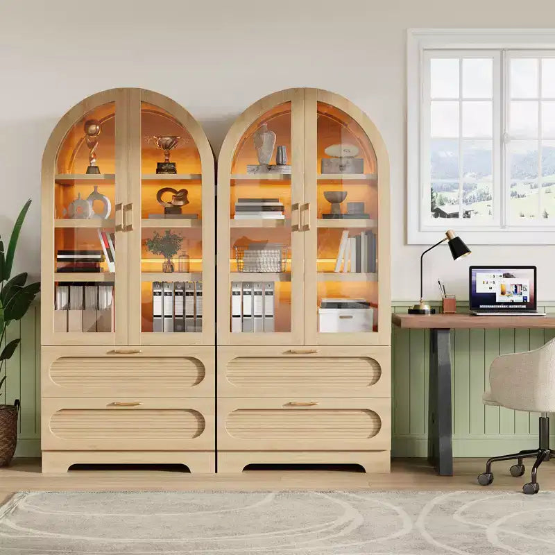 Bestier 70 Tall Storage Cabinet with LED Lights, Food Pantry Arched Storage Cabinet with Adjustable Shelves & 2 Drawers for Kitchen & Living Room