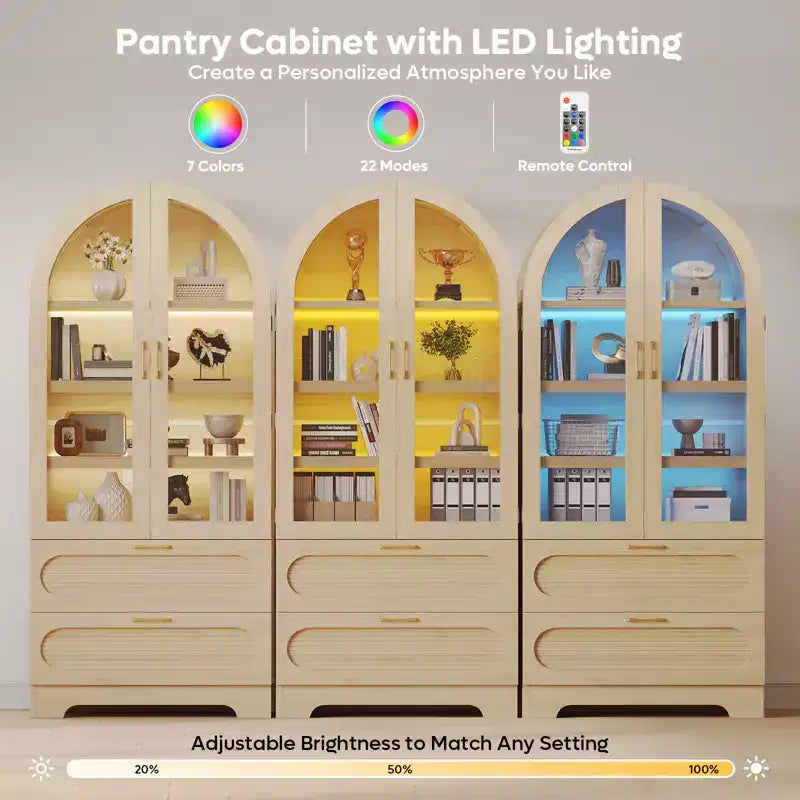Bestier 70 Tall Storage Cabinet with LED Lights, Food Pantry Arched Storage Cabinet with Adjustable Shelves & 2 Drawers for Kitchen & Living Room
