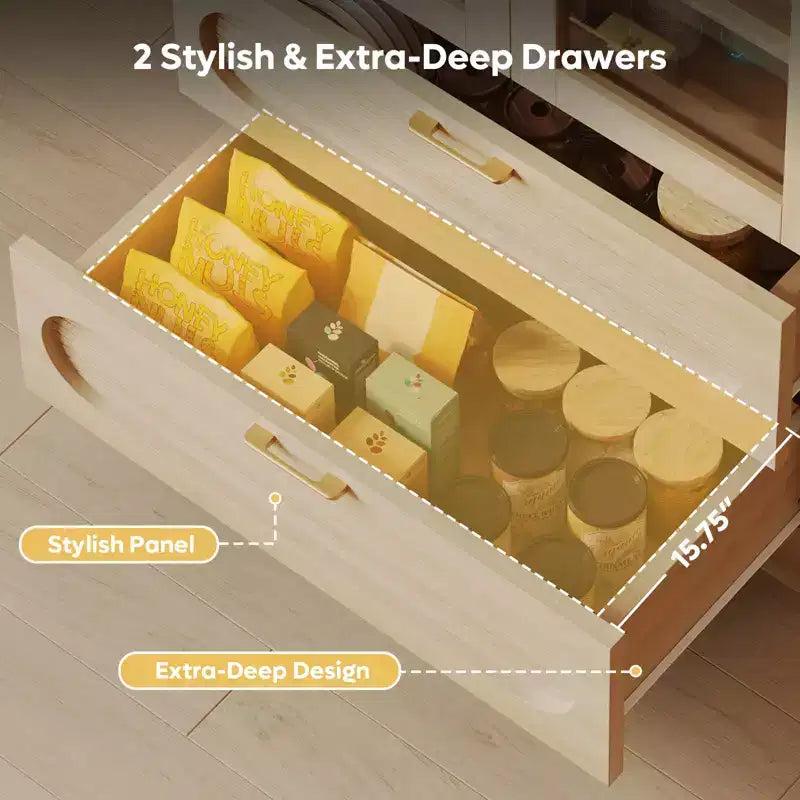 Bestier 70 Tall Storage Cabinet with LED Lights, Food Pantry Arched Storage Cabinet with Adjustable Shelves & 2 Drawers for Kitchen & Living Room