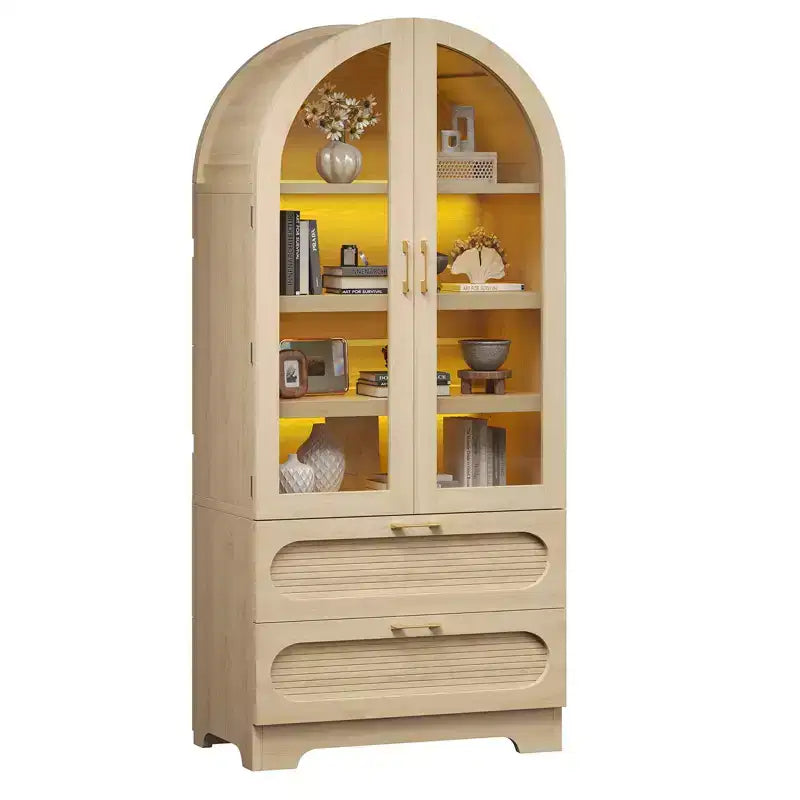 Bestier 70 Tall Storage Cabinet with LED Lights, Food Pantry Arched Storage Cabinet with Adjustable Shelves & 2 Drawers for Kitchen & Living Room