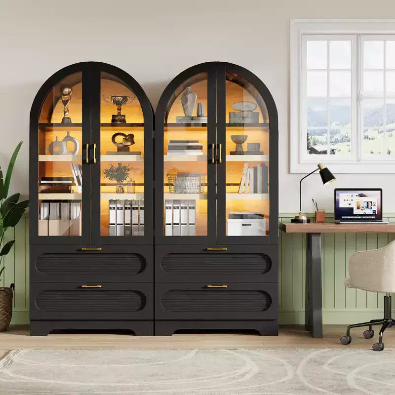 Bestier 70 Tall Storage Cabinet with LED Lights, Food Pantry Arched Storage Cabinet with Adjustable Shelves & 2 Drawers for Kitchen & Living Room