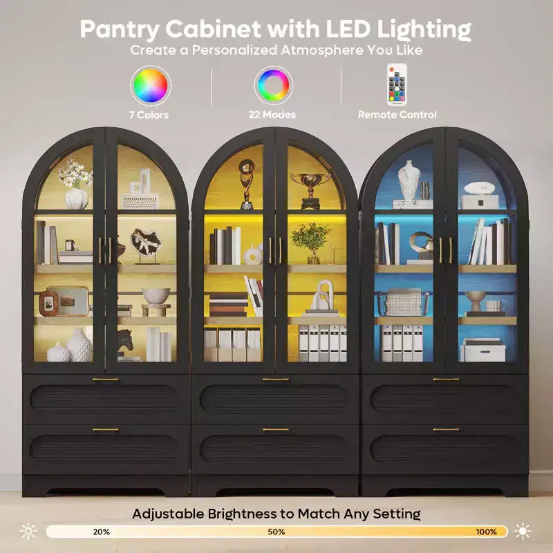 Bestier 70 Tall Storage Cabinet with LED Lights, Food Pantry Arched Storage Cabinet with Adjustable Shelves & 2 Drawers for Kitchen & Living Room