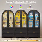 Bestier 70 Tall Storage Cabinet with LED Lights, Food Pantry Arched Storage Cabinet with Adjustable Shelves & 2 Drawers for Kitchen & Living Room