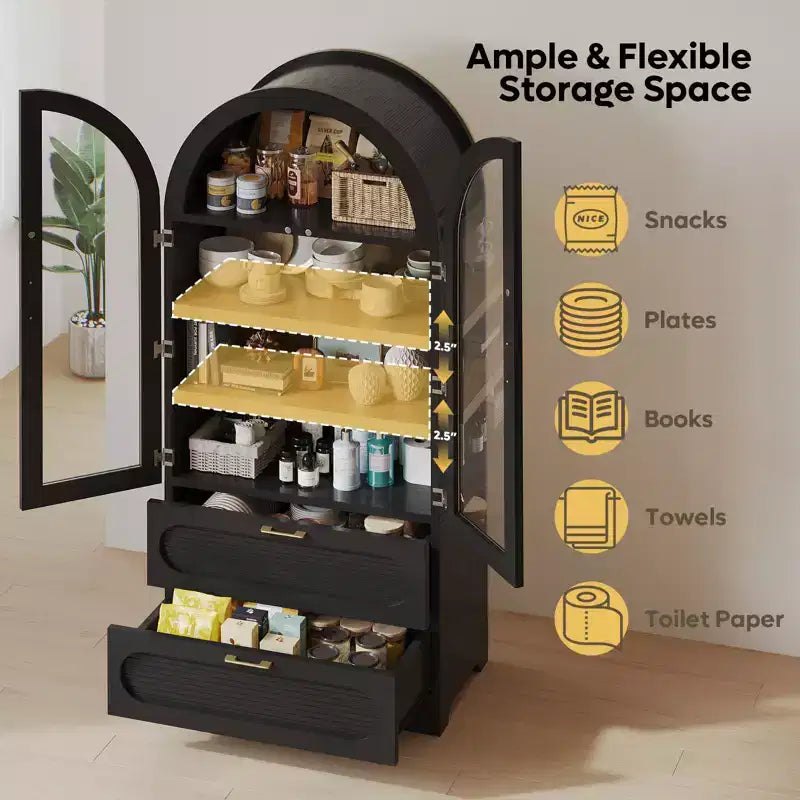 Bestier 70 Tall Storage Cabinet with LED Lights, Food Pantry Arched Storage Cabinet with Adjustable Shelves & 2 Drawers for Kitchen & Living Room