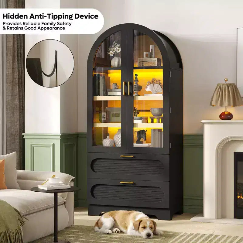 Bestier 70 Tall Storage Cabinet with LED Lights, Food Pantry Arched Storage Cabinet with Adjustable Shelves & 2 Drawers for Kitchen & Living Room