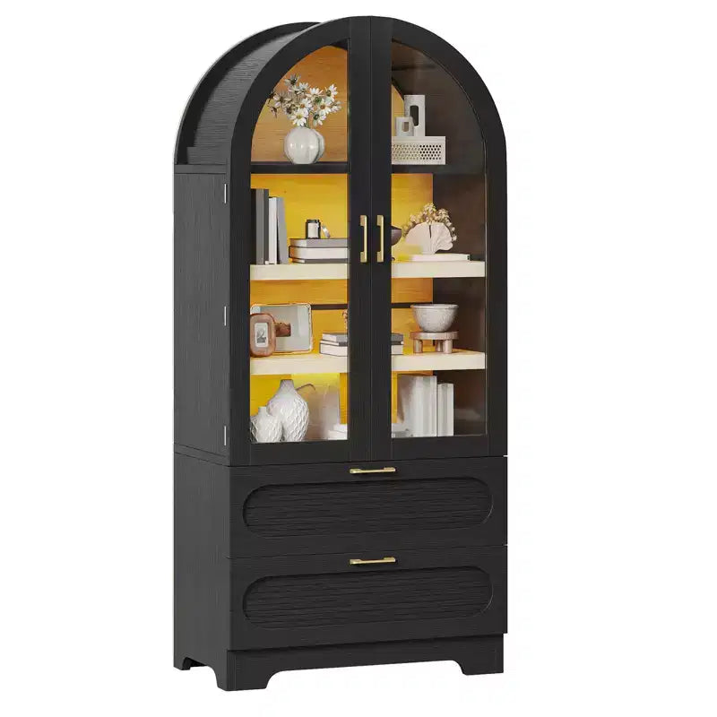 Bestier 70 Tall Storage Cabinet with LED Lights, Food Pantry Arched Storage Cabinet with Adjustable Shelves & 2 Drawers for Kitchen & Living Room