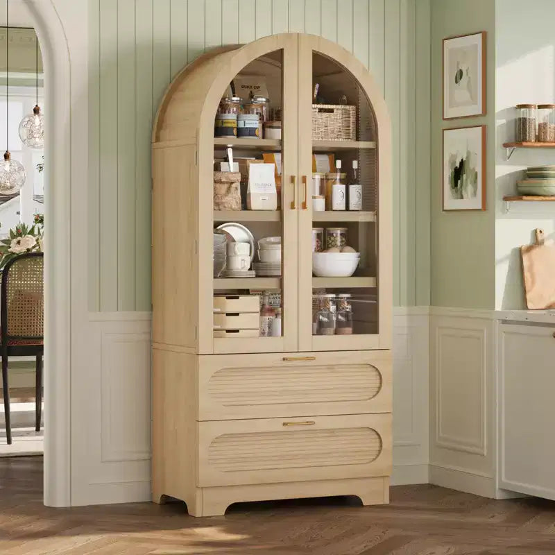 Bestier 70 Tall Storage Cabinet with LED Lights, Food Pantry Arched Storage Cabinet with Adjustable Shelves & 2 Drawers for Kitchen & Living Room
