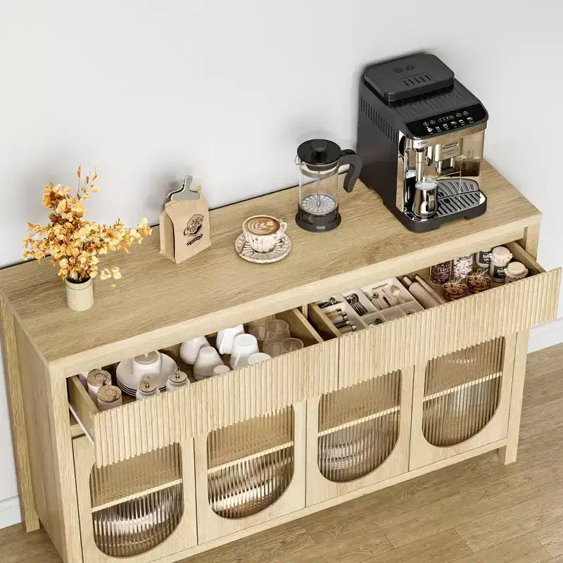 Sideboard, 55 Inch Buffet Cabinet with Storage, Modern Farmhouse Coffee Bar with 4 Oval Glass Doors & 2 Drawers, Natural