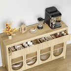 Sideboard, 55 Inch Buffet Cabinet with Storage, Modern Farmhouse Coffee Bar with 4 Oval Glass Doors & 2 Drawers, Natural