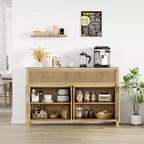 Sideboard, 55 Inch Buffet Cabinet with Storage, Modern Farmhouse Coffee Bar with 4 Oval Glass Doors & 2 Drawers, Natural