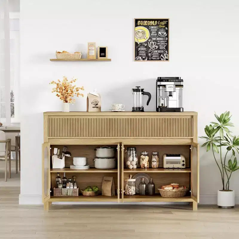 Sideboard, 55 Inch Buffet Cabinet with Storage, Modern Farmhouse Coffee Bar with 4 Oval Glass Doors & 2 Drawers, Natural