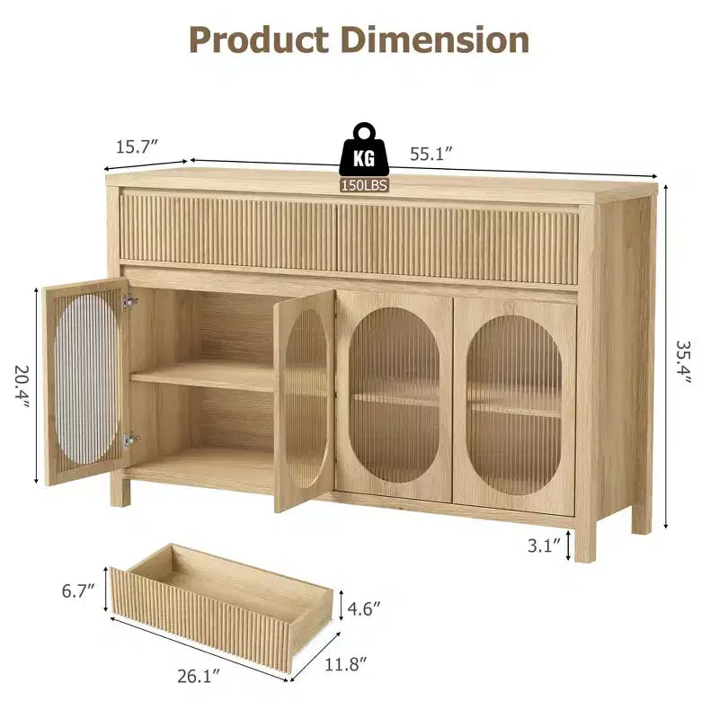 Sideboard, 55 Inch Buffet Cabinet with Storage, Modern Farmhouse Coffee Bar with 4 Oval Glass Doors & 2 Drawers, Natural