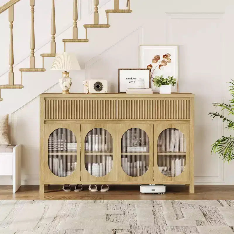 Sideboard, 55 Inch Buffet Cabinet with Storage, Modern Farmhouse Coffee Bar with 4 Oval Glass Doors & 2 Drawers, Natural