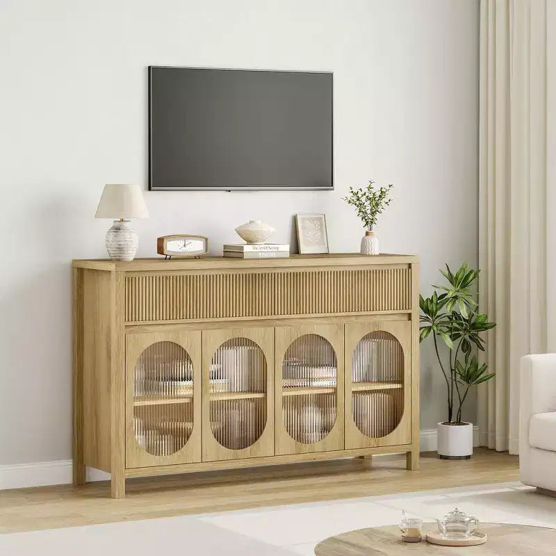 Sideboard, 55 Inch Buffet Cabinet with Storage, Modern Farmhouse Coffee Bar with 4 Oval Glass Doors & 2 Drawers, Natural