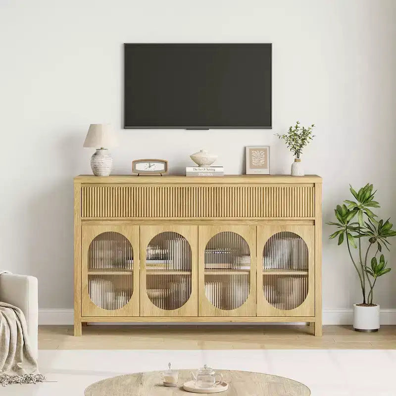 Sideboard, 55 Inch Buffet Cabinet with Storage, Modern Farmhouse Coffee Bar with 4 Oval Glass Doors & 2 Drawers, Natural