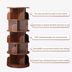 5 Tier 360 Rotating Bookshelf,Walnut Round Spinning Tower, Thickened Anti-Wobble Base, Open Easy-Access Shelving, Space-Saving for Small Corners