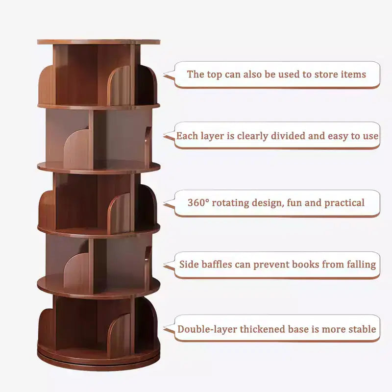 5 Tier 360 Rotating Bookshelf,Walnut Round Spinning Tower, Thickened Anti-Wobble Base, Open Easy-Access Shelving, Space-Saving for Small Corners