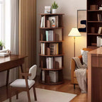 5 Tier 360 Rotating Bookshelf,Walnut Round Spinning Tower, Thickened Anti-Wobble Base, Open Easy-Access Shelving, Space-Saving for Small Corners