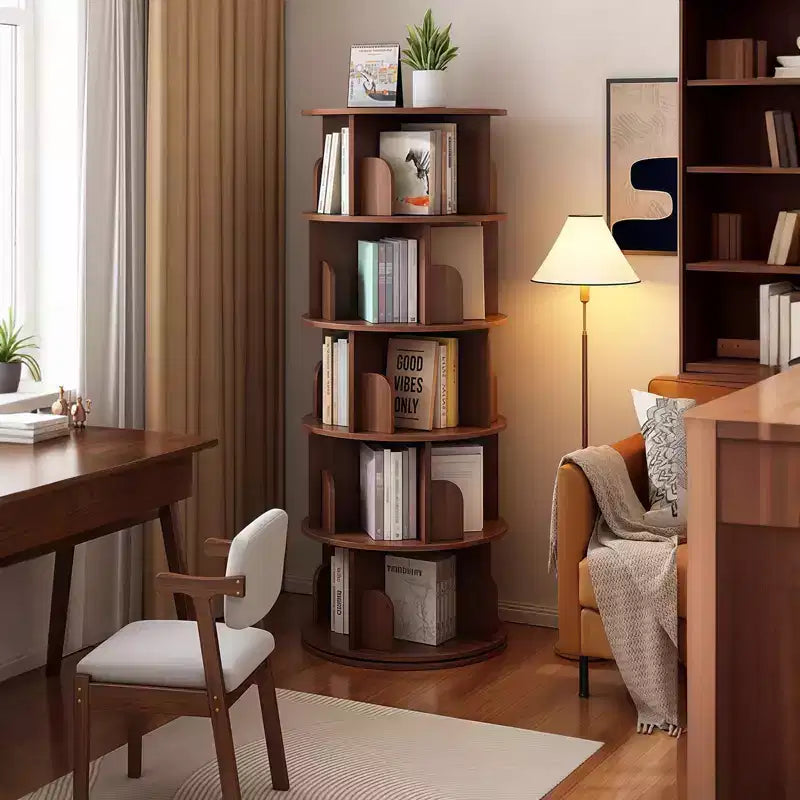 5 Tier 360 Rotating Bookshelf,Walnut Round Spinning Tower, Thickened Anti-Wobble Base, Open Easy-Access Shelving, Space-Saving for Small Corners