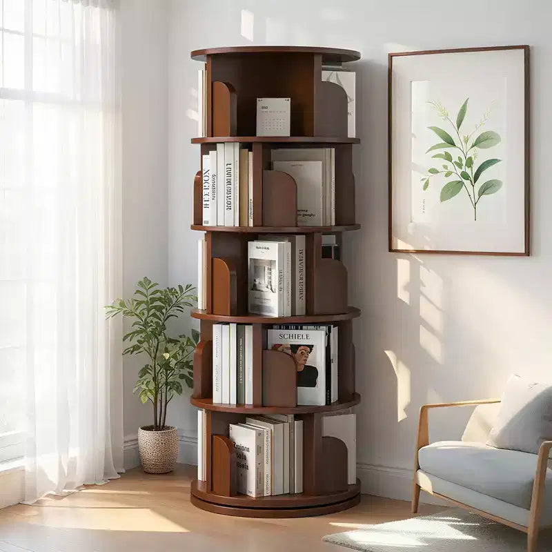 5 Tier 360 Rotating Bookshelf,Walnut Round Spinning Tower, Thickened Anti-Wobble Base, Open Easy-Access Shelving, Space-Saving for Small Corners
