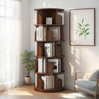 5 Tier 360 Rotating Bookshelf,Walnut Round Spinning Tower, Thickened Anti-Wobble Base, Open Easy-Access Shelving, Space-Saving for Small Corners