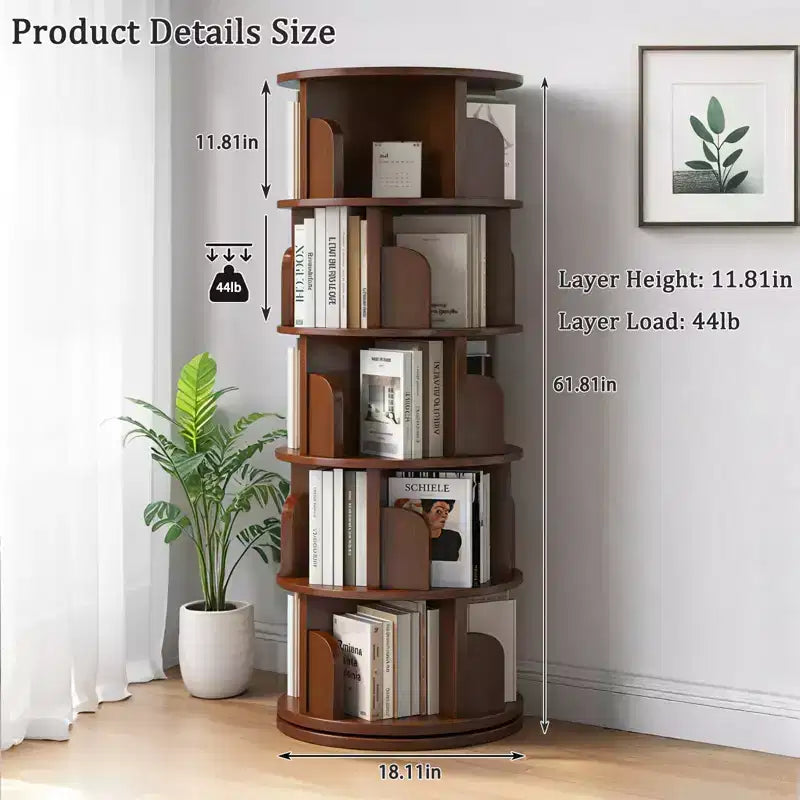 5 Tier 360 Rotating Bookshelf,Walnut Round Spinning Tower, Thickened Anti-Wobble Base, Open Easy-Access Shelving, Space-Saving for Small Corners