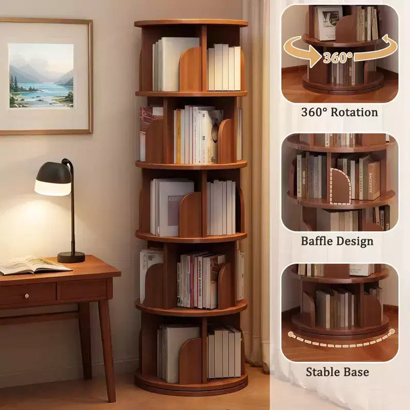 5 Tier 360 Rotating Bookshelf,Walnut Round Spinning Tower, Thickened Anti-Wobble Base, Open Easy-Access Shelving, Space-Saving for Small Corners
