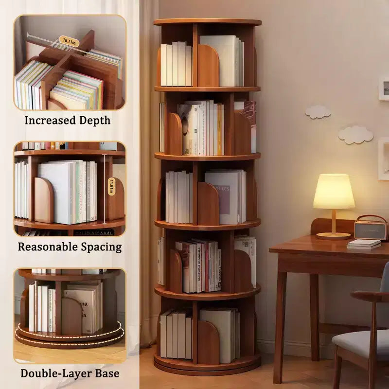 5 Tier 360 Rotating Bookshelf,Walnut Round Spinning Tower, Thickened Anti-Wobble Base, Open Easy-Access Shelving, Space-Saving for Small Corners