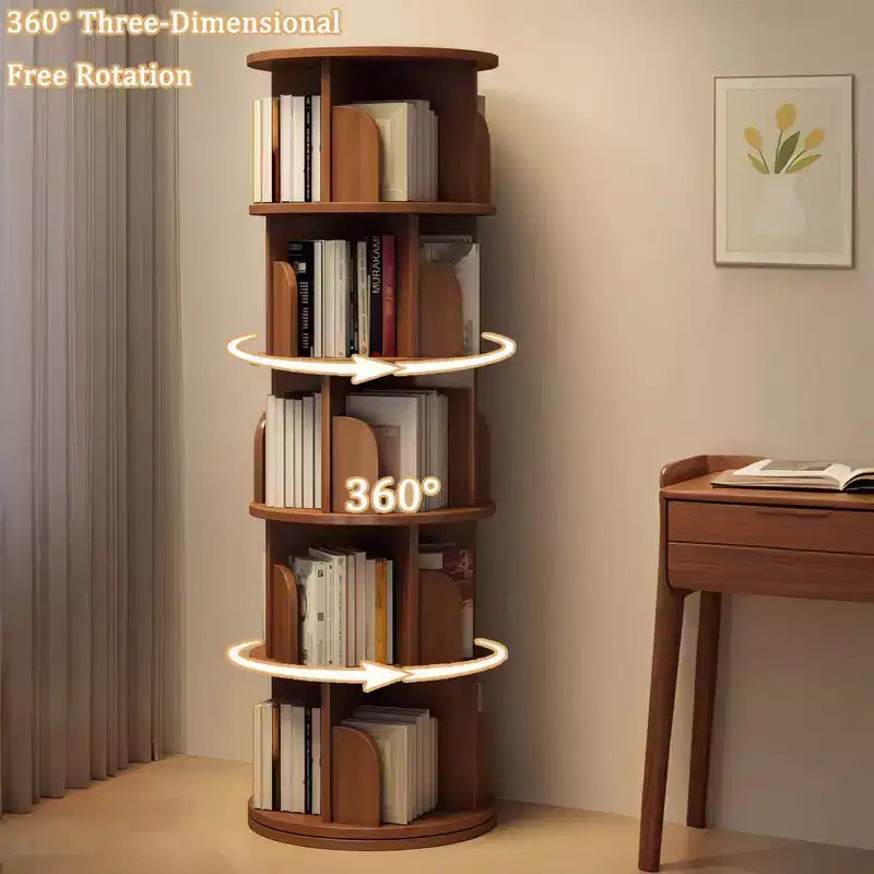 5 Tier 360 Rotating Bookshelf,Walnut Round Spinning Tower, Thickened Anti-Wobble Base, Open Easy-Access Shelving, Space-Saving for Small Corners
