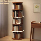 5 Tier 360 Rotating Bookshelf,Walnut Round Spinning Tower, Thickened Anti-Wobble Base, Open Easy-Access Shelving, Space-Saving for Small Corners