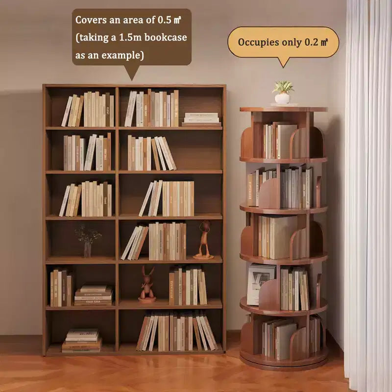 5 Tier 360 Rotating Bookshelf,Walnut Round Spinning Tower, Thickened Anti-Wobble Base, Open Easy-Access Shelving, Space-Saving for Small Corners