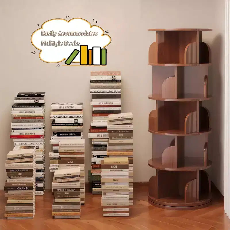5 Tier 360 Rotating Bookshelf,Walnut Round Spinning Tower, Thickened Anti-Wobble Base, Open Easy-Access Shelving, Space-Saving for Small Corners