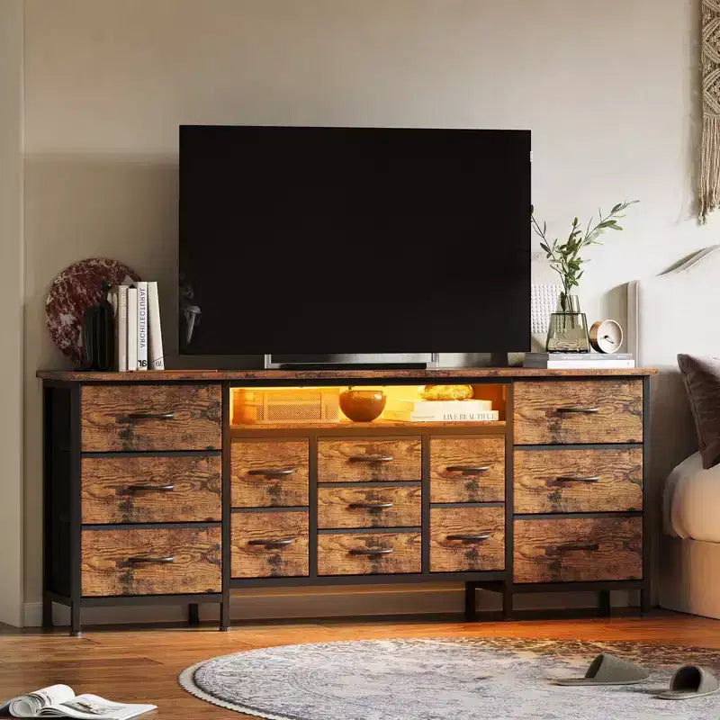 70 Inch Long Dresser & TV Stand for 65-80 Inch TVs - Modern Fabric Storage Chest with 13 Drawers, Wide Sturdy Cabinet