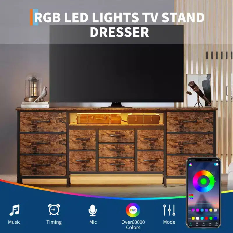 70 Inch Long Dresser & TV Stand for 65-80 Inch TVs - Modern Fabric Storage Chest with 13 Drawers, Wide Sturdy Cabinet