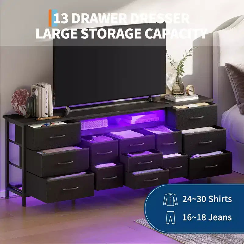 70 Inch Long Dresser & TV Stand for 65-80 Inch TVs - Modern Fabric Storage Chest with 13 Drawers, Wide Sturdy Cabinet