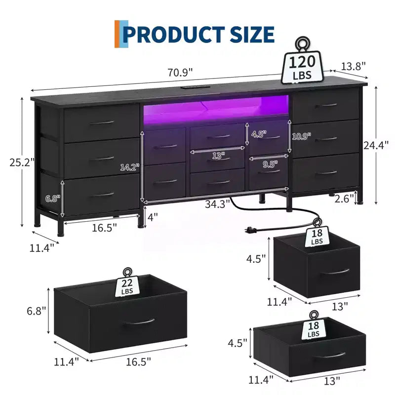 70 Inch Long Dresser & TV Stand for 65-80 Inch TVs - Modern Fabric Storage Chest with 13 Drawers, Wide Sturdy Cabinet