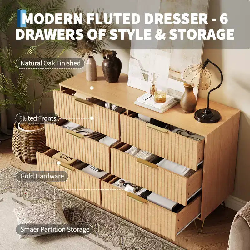 Modern Fluted 6-Drawer Dresser - 47 Wide Wooden Chest with Metal Handles - Spacious Storage Cabinet & Closet Organizer