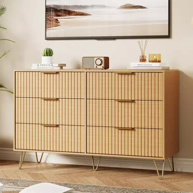 Modern Fluted 6-Drawer Dresser - 47 Wide Wooden Chest with Metal Handles - Spacious Storage Cabinet & Closet Organizer